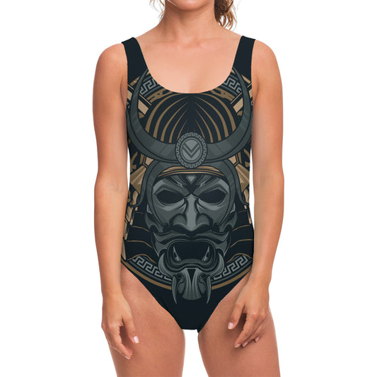 Black Samurai Mask Print One Piece Swimsuit