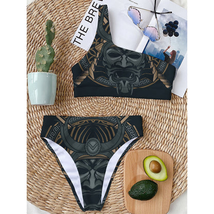 Black Samurai Mask Print One Shoulder Bikini Top