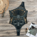 Black Samurai Mask Print One Shoulder Bodysuit