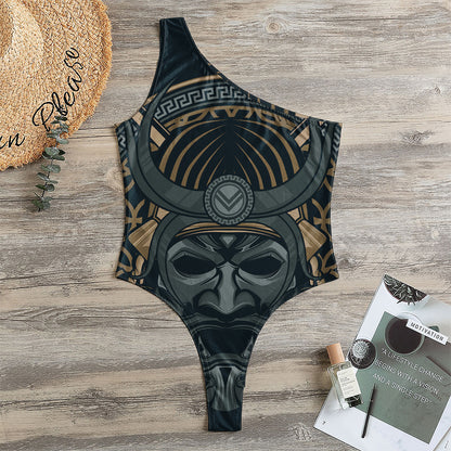 Black Samurai Mask Print One Shoulder Bodysuit