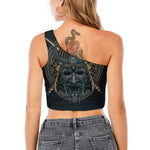 Black Samurai Mask Print One Shoulder Crop Top