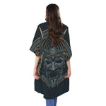 Black Samurai Mask Print Open Front Beach Cover Up
