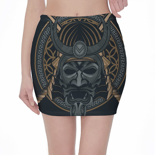 Black Samurai Mask Print Pencil Mini Skirt