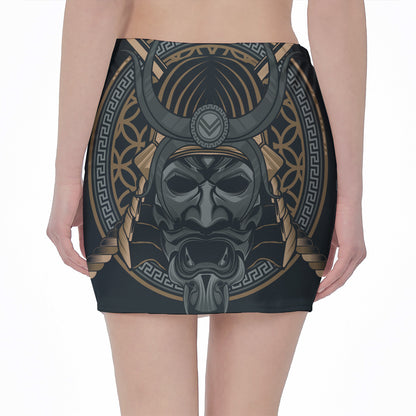 Black Samurai Mask Print Pencil Mini Skirt