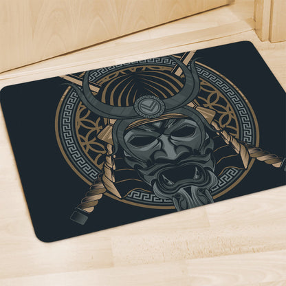Black Samurai Mask Print Polyester Doormat