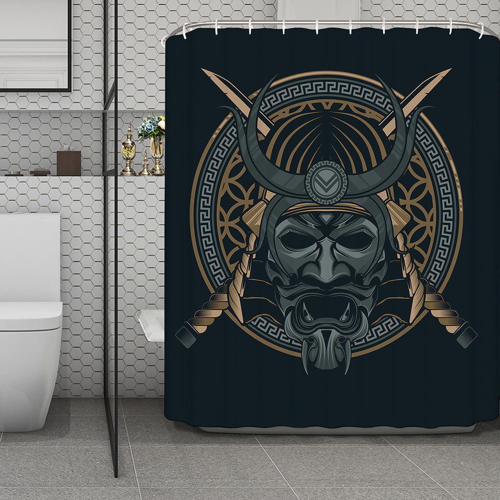 Black Samurai Mask Print Polyester Shower Curtain