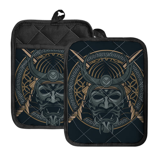 Black Samurai Mask Print Pot Holders With Pocket