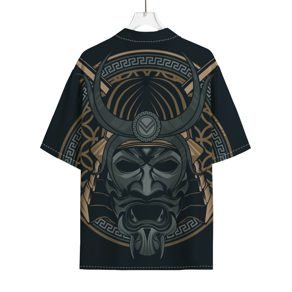 Black Samurai Mask Print Rayon Hawaiian Shirt