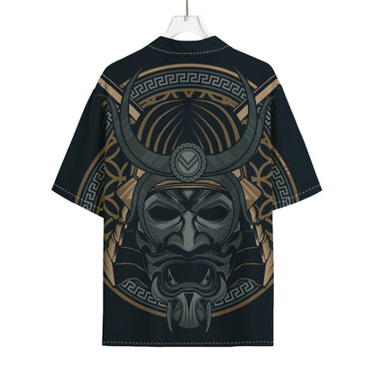 Black Samurai Mask Print Rayon Hawaiian Shirt