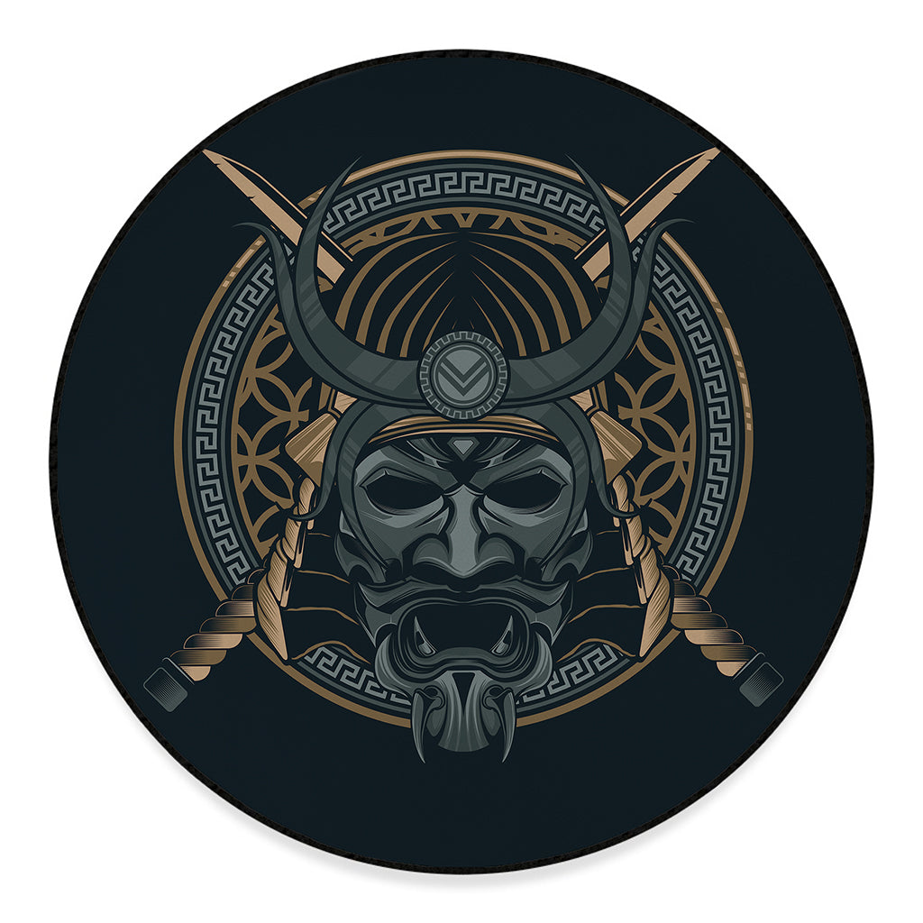 Black Samurai Mask Print Round Floor Mat