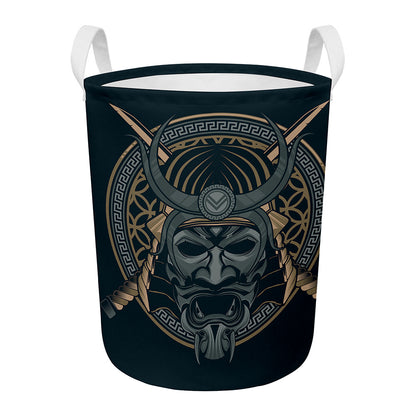 Black Samurai Mask Print Round Laundry Basket