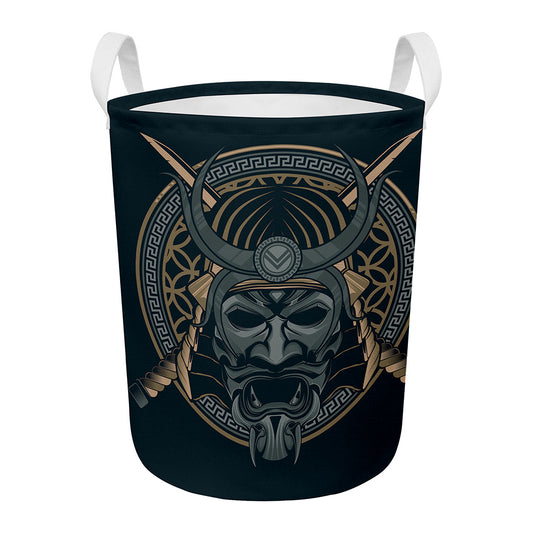 Black Samurai Mask Print Round Laundry Basket
