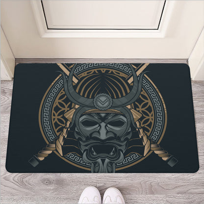 Black Samurai Mask Print Rubber Doormat