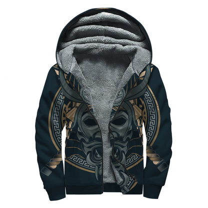 Black Samurai Mask Print Sherpa Lined Zip Up Hoodie
