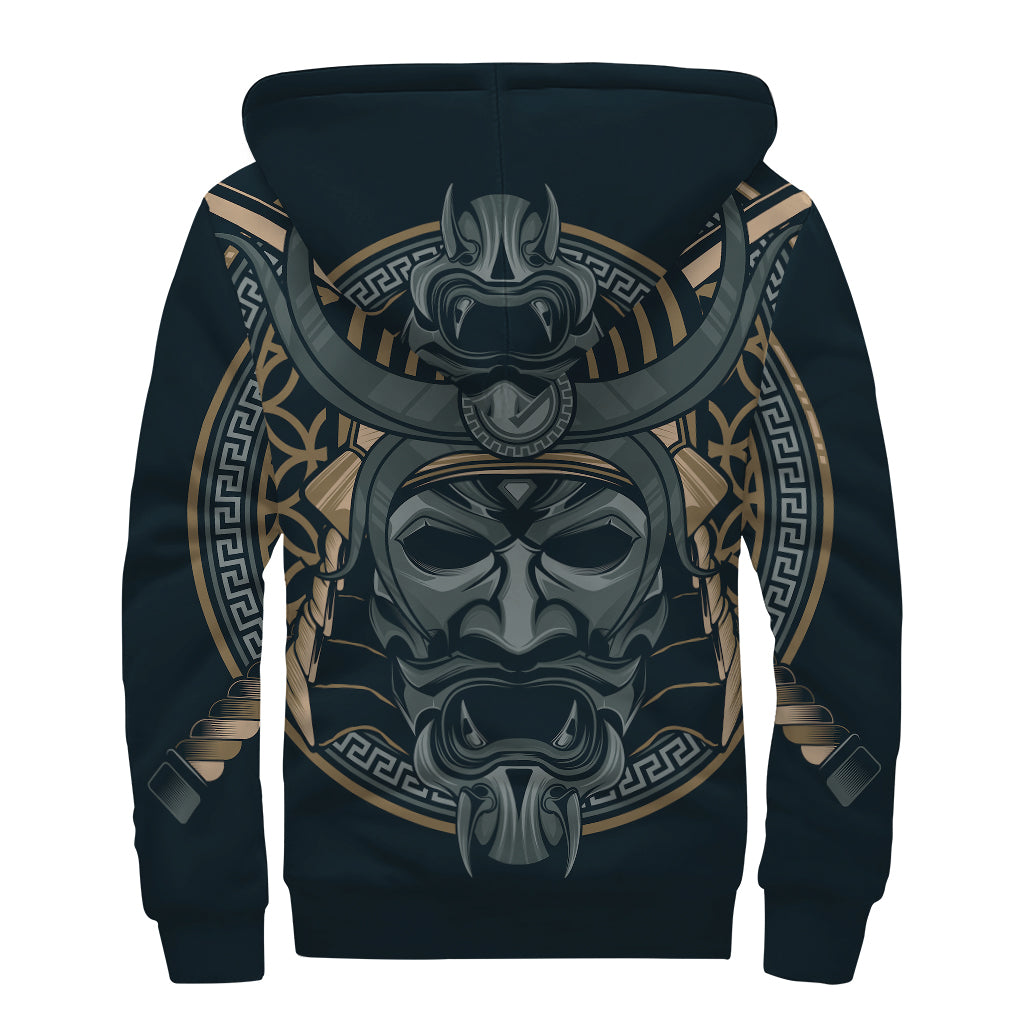 Black Samurai Mask Print Sherpa Lined Zip Up Hoodie