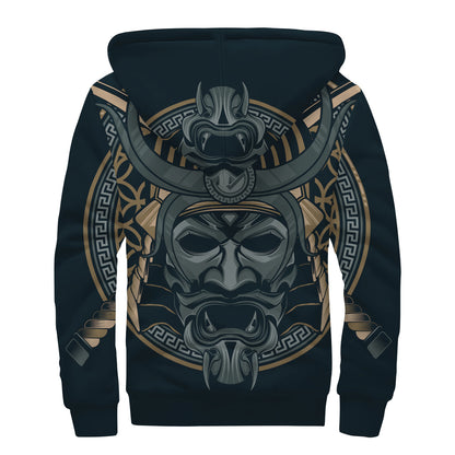Black Samurai Mask Print Sherpa Lined Zip Up Hoodie
