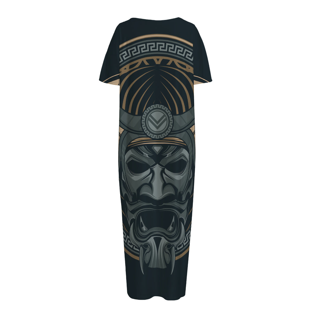 Black Samurai Mask Print Short Sleeve Long Nightdress