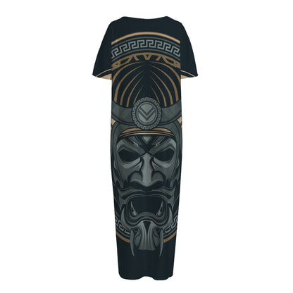 Black Samurai Mask Print Short Sleeve Long Nightdress