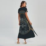 Black Samurai Mask Print Short Sleeve Maxi Dress
