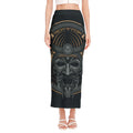 Black Samurai Mask Print Side Slit Maxi Skirt