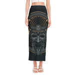 Black Samurai Mask Print Side Slit Maxi Skirt