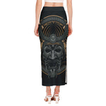 Black Samurai Mask Print Side Slit Maxi Skirt