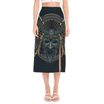 Black Samurai Mask Print Side Slit Midi Skirt