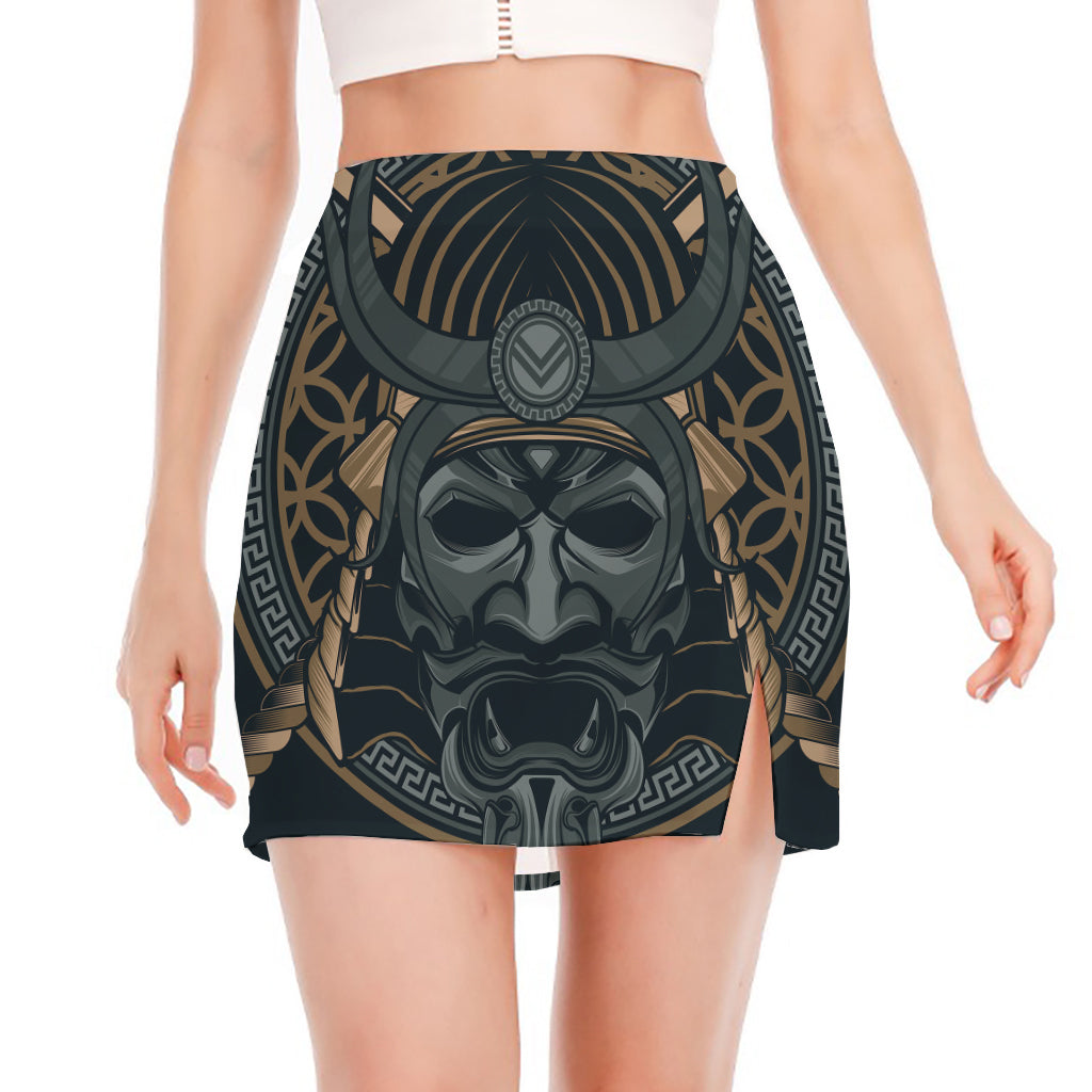 Black Samurai Mask Print Side Slit Mini Skirt