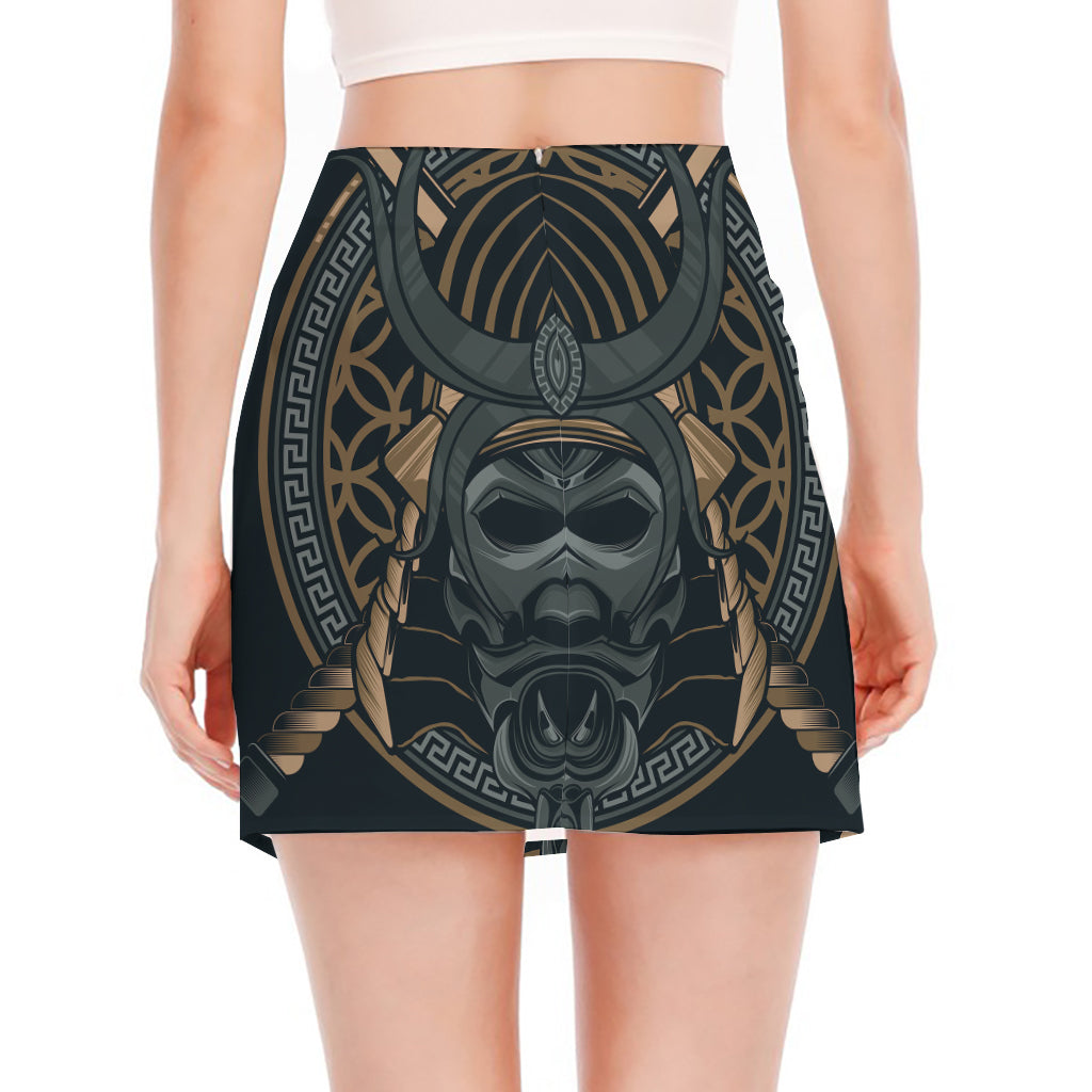Black Samurai Mask Print Side Slit Mini Skirt