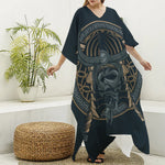 Black Samurai Mask Print Silk V-Neck Kaftan Dress