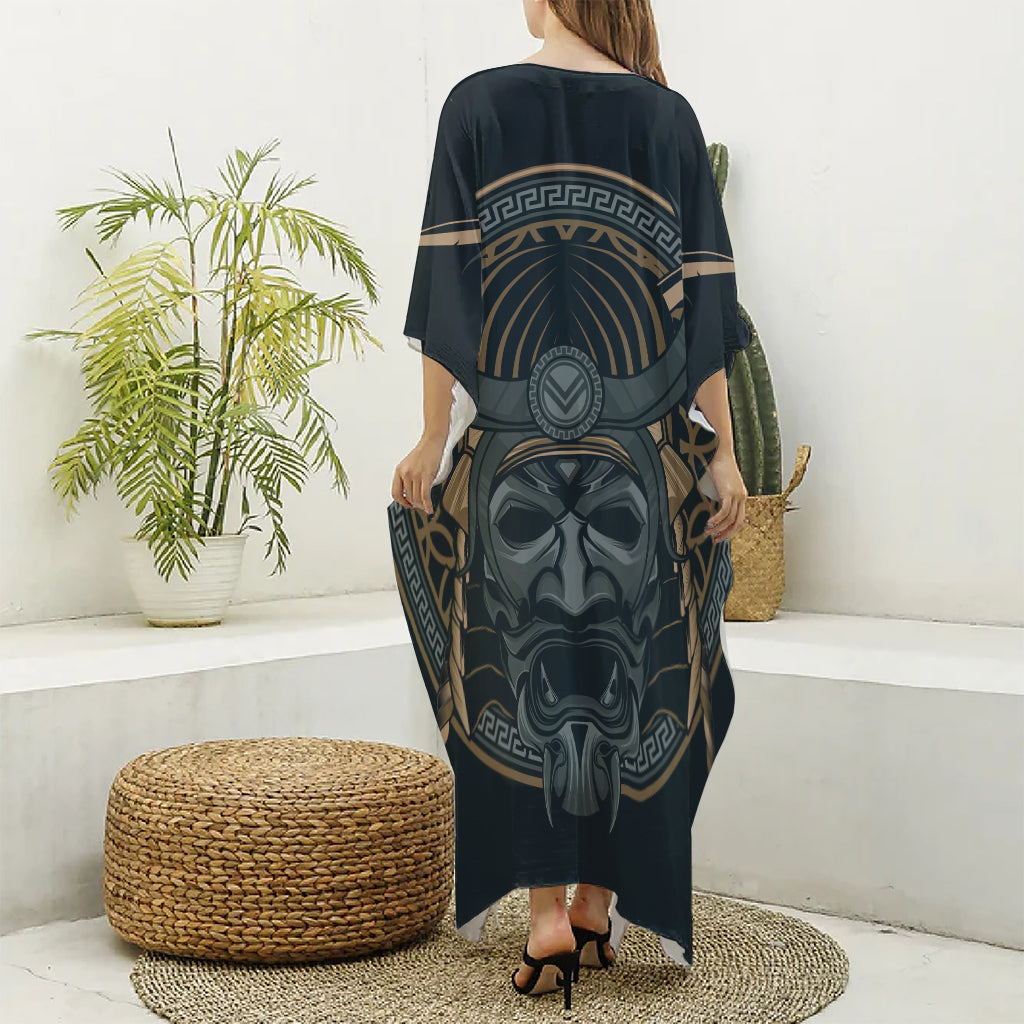Black Samurai Mask Print Silk V-Neck Kaftan Dress