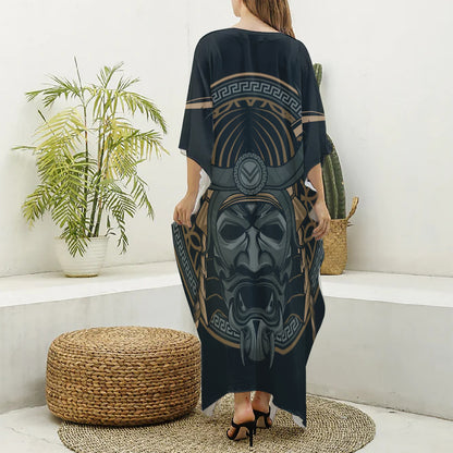 Black Samurai Mask Print Silk V-Neck Kaftan Dress