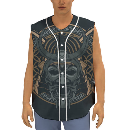 Black Samurai Mask Print Sleeveless Baseball Jersey