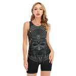 Black Samurai Mask Print Sleeveless One Piece Swimsuit