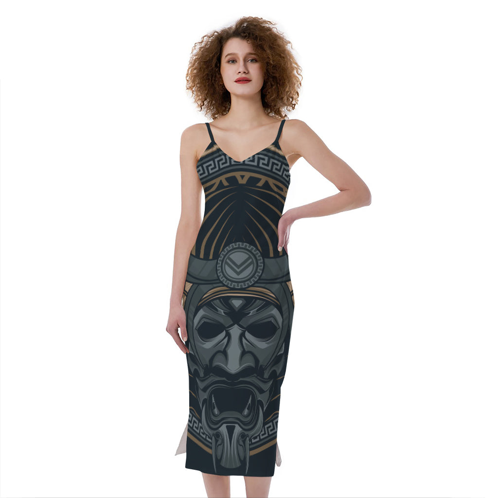Black Samurai Mask Print Slim Fit Midi Cami Dress