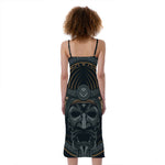 Black Samurai Mask Print Slim Fit Midi Cami Dress