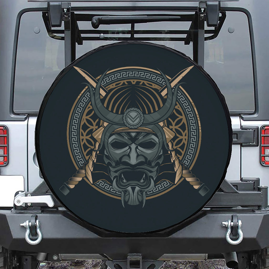 Black Samurai Mask Print Tire Cover