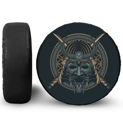 Black Samurai Mask Print Tire Cover