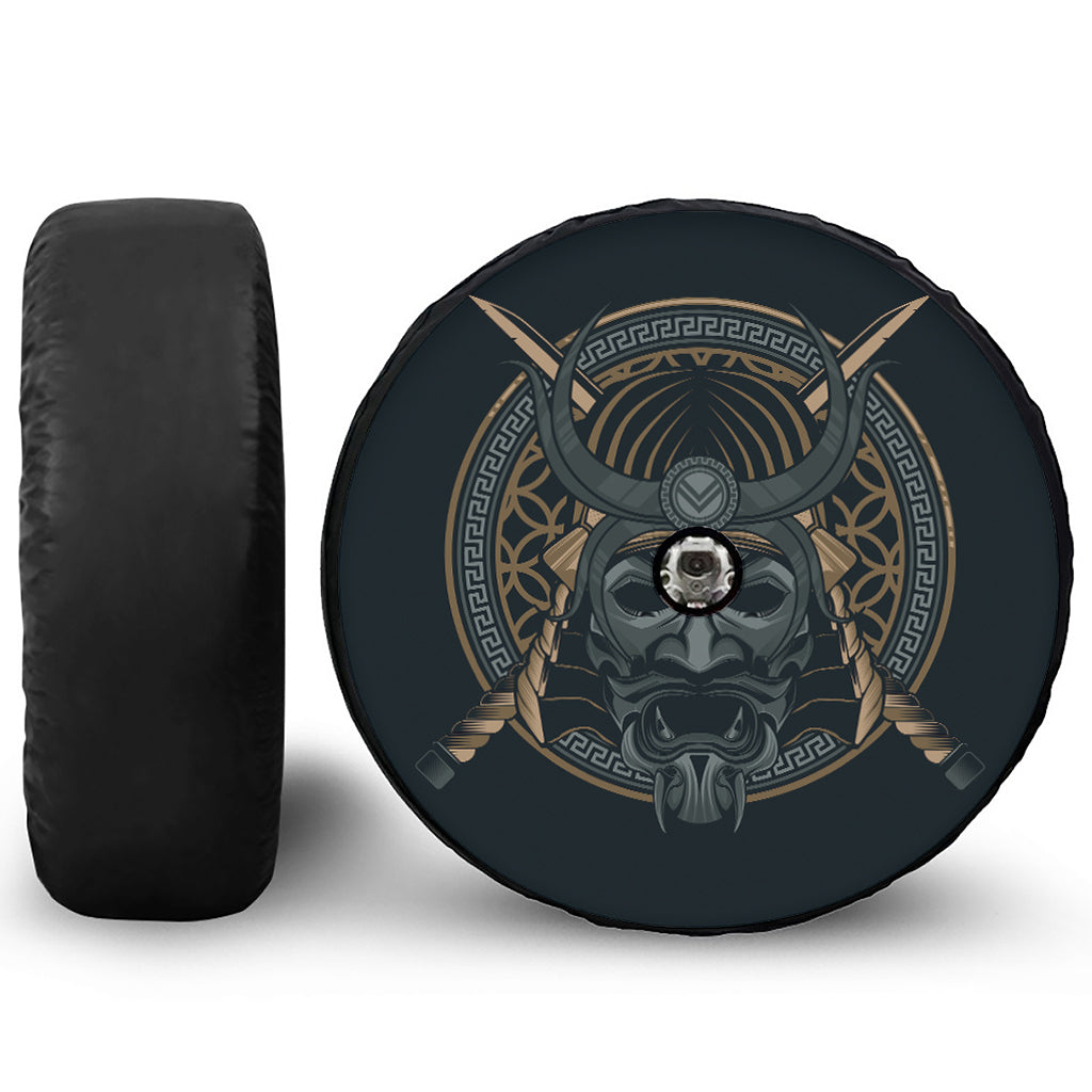 Black Samurai Mask Print Tire Cover With Camera Hole