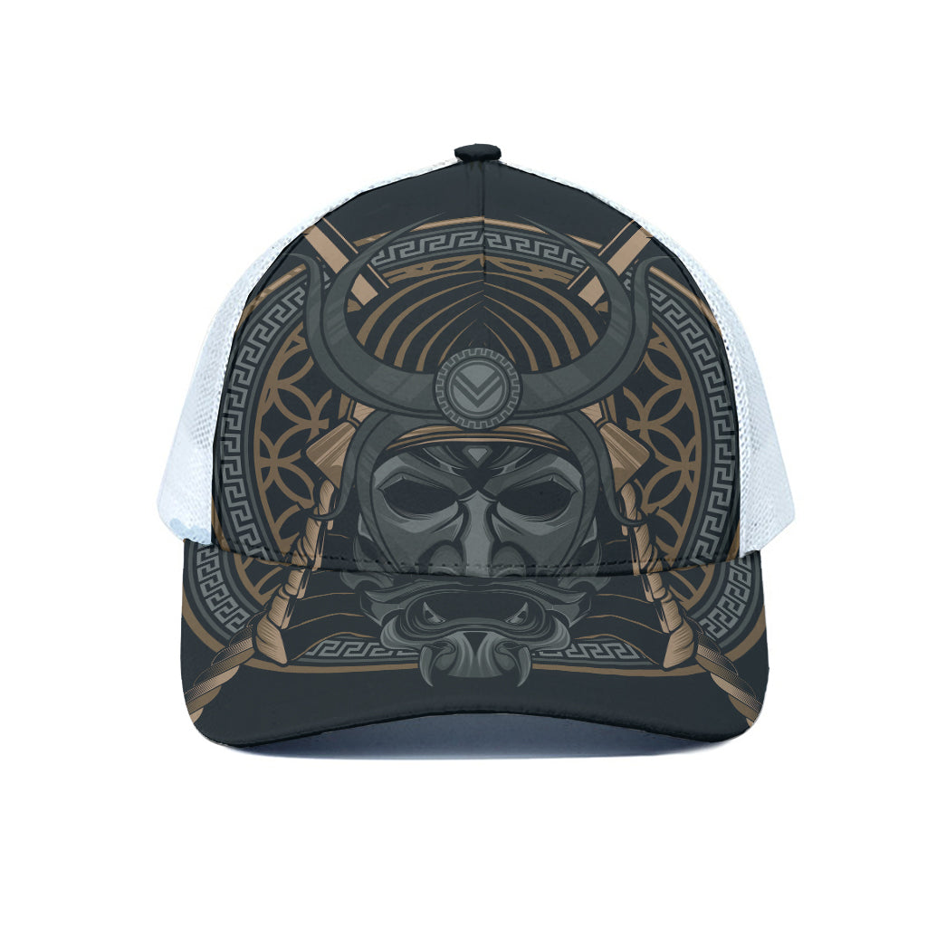 Black Samurai Mask Print White Mesh Trucker Cap