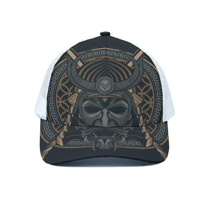 Black Samurai Mask Print White Mesh Trucker Cap