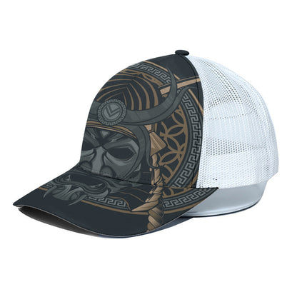 Black Samurai Mask Print White Mesh Trucker Cap
