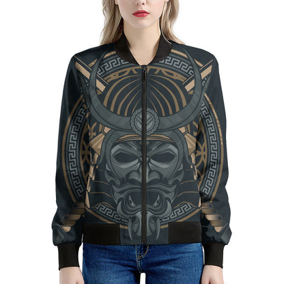 Black Samurai Mask Print Women's Bomber Jacket