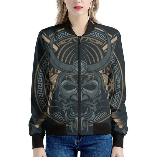 Black Samurai Mask Print Women's Bomber Jacket
