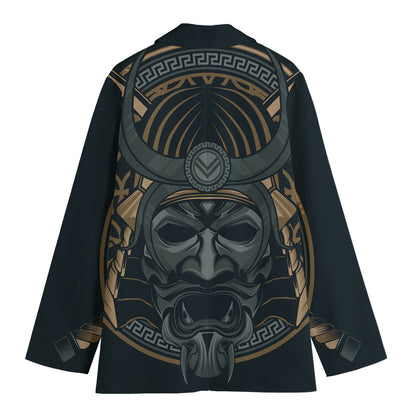 Black Samurai Mask Print Women's Cotton Blazer