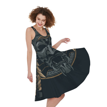 Black Samurai Mask Print Women's Sleeveless Dress