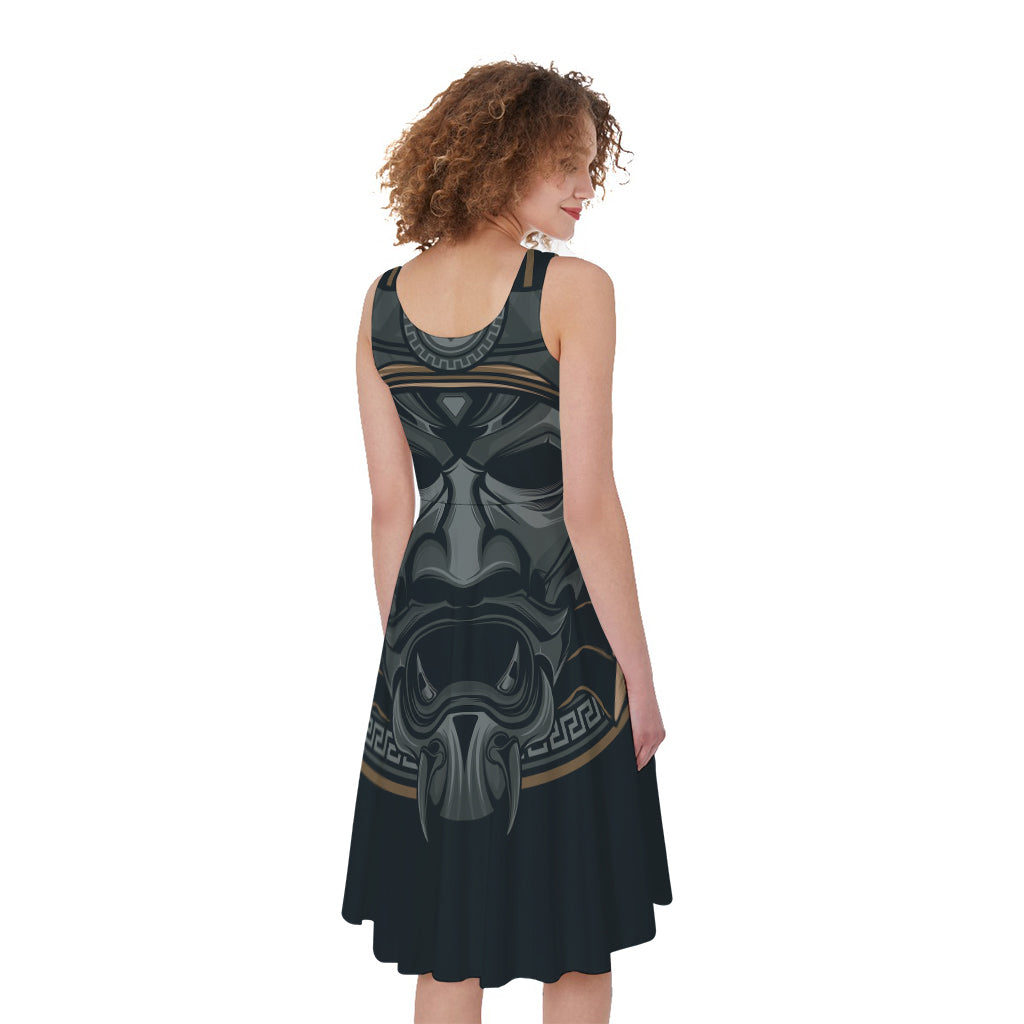 Black Samurai Mask Print Women's Sleeveless Dress