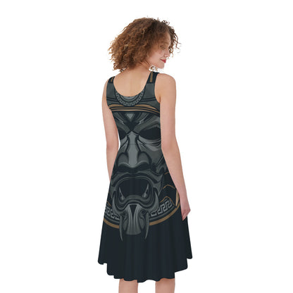 Black Samurai Mask Print Women's Sleeveless Dress