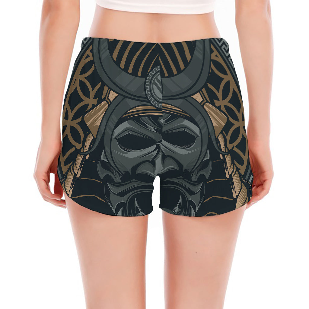 Black Samurai Mask Print Women's Split Running Shorts