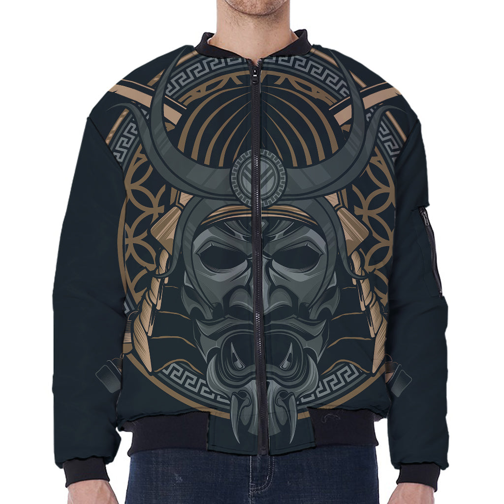 Black Samurai Mask Print Zip Sleeve Bomber Jacket